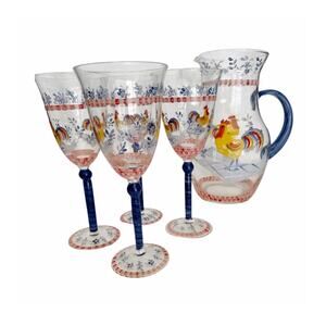 Hand Painted Rooster Glass Pitcher and 4 Glasses Set Cottage Farm Core